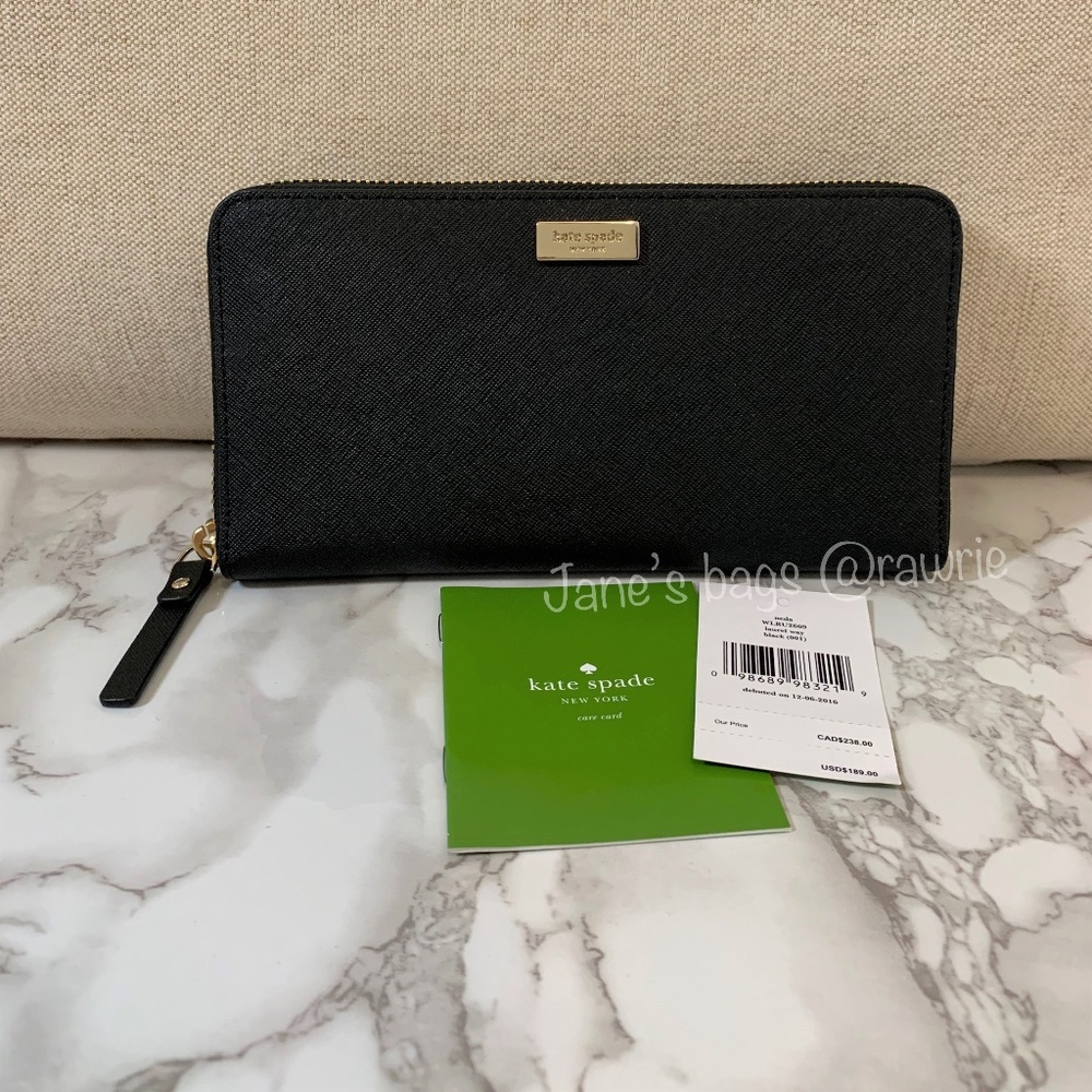 New Kate Spade Black Saffiano Leather Zip Wallet